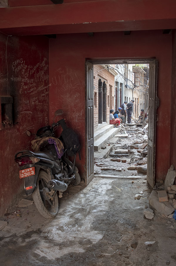 Photo of a narrow alley undergoing construction in Patan, Kathmandu Valley, Nepal.